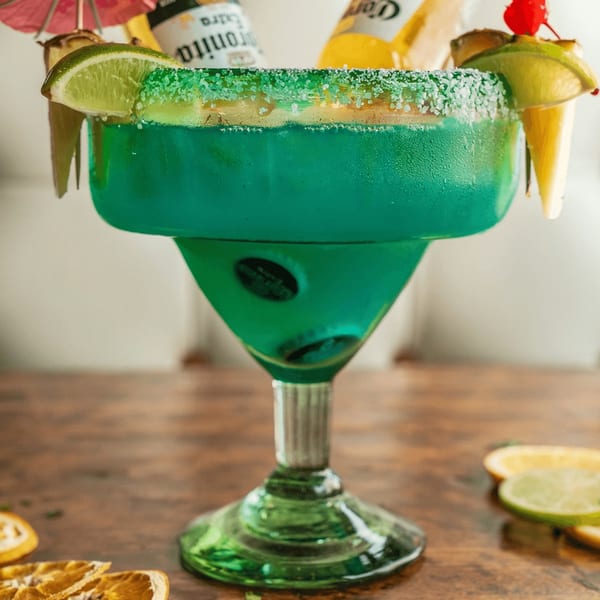 A vibrant green margarita with a salted rim, garnished with lime, cherry, and two mini beer bottles.
