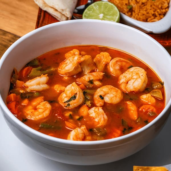Shrimp soup with vegetables in a white bowl, with rice, tortillas, and lime in the background.
